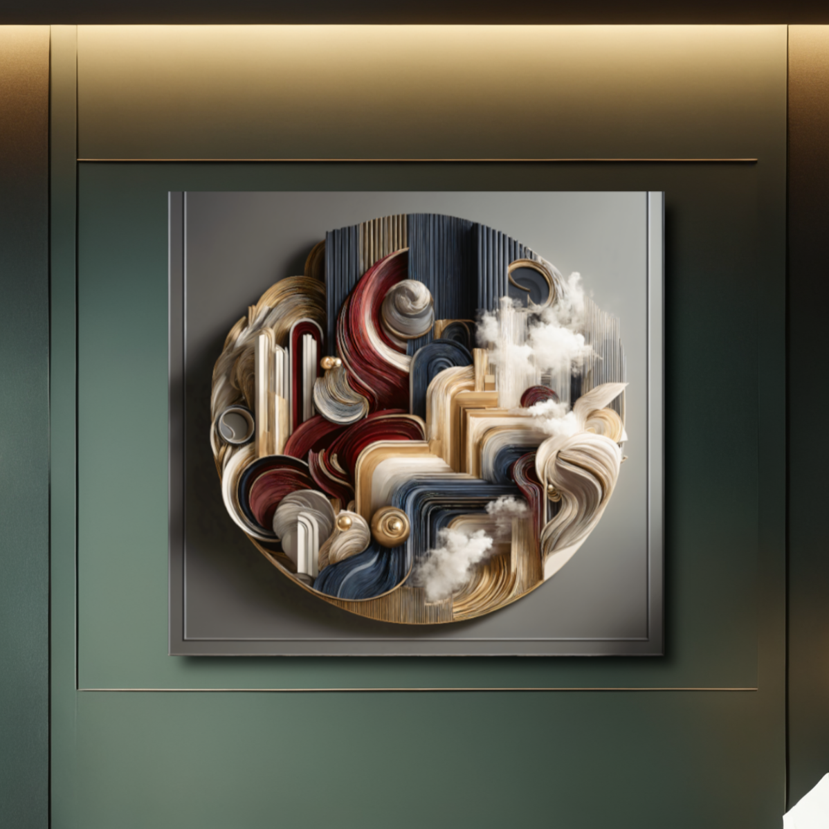 Ethereal Dimensions – Circular Abstract Wall Art in Gold, Burgundy, and Gray for Modern Décor