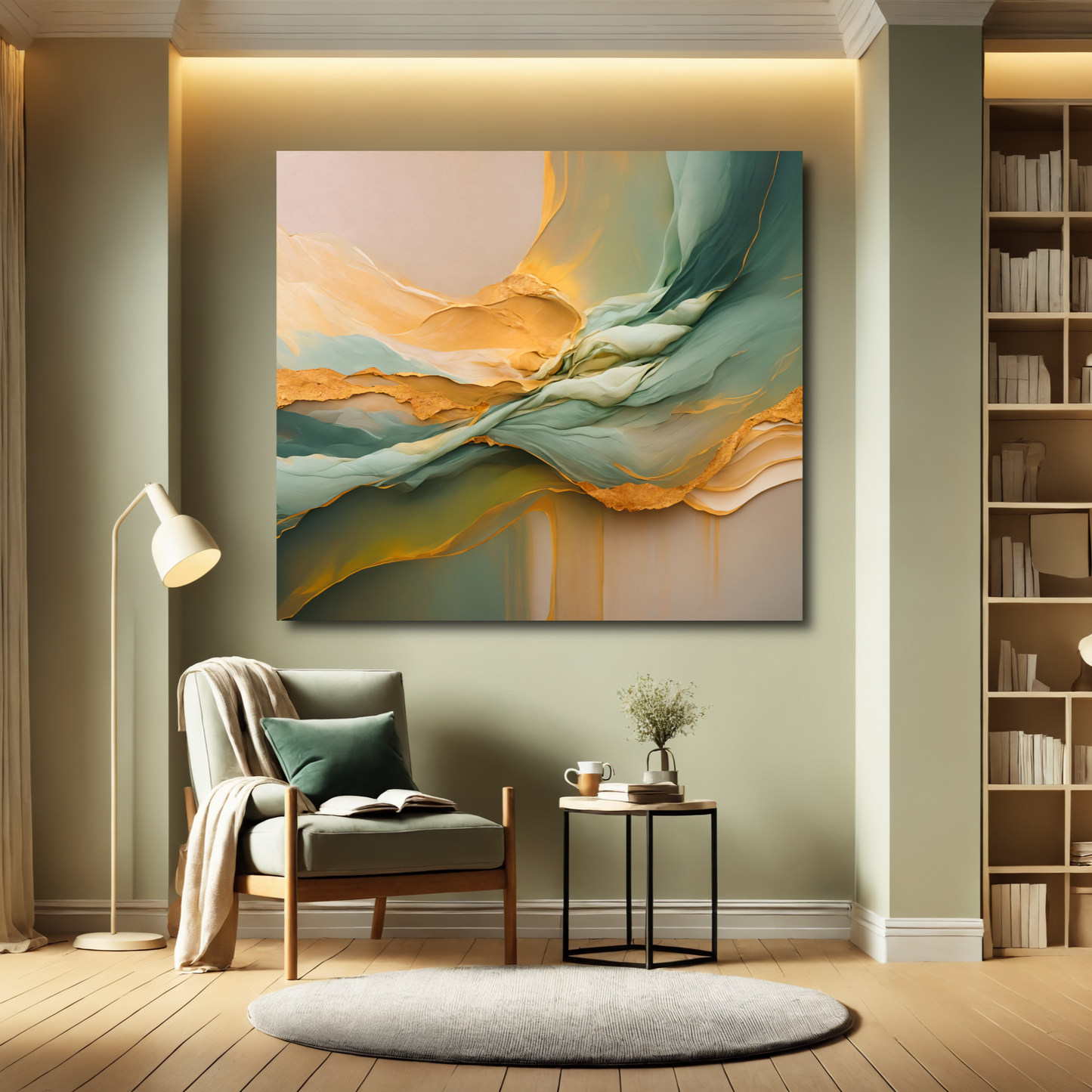 Golden Cascade – Flowing Abstract Canvas Art in Green and Gold