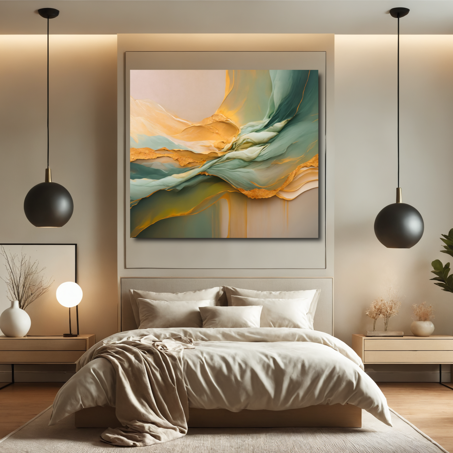 Golden Cascade – Flowing Abstract Canvas Art in Green and Gold