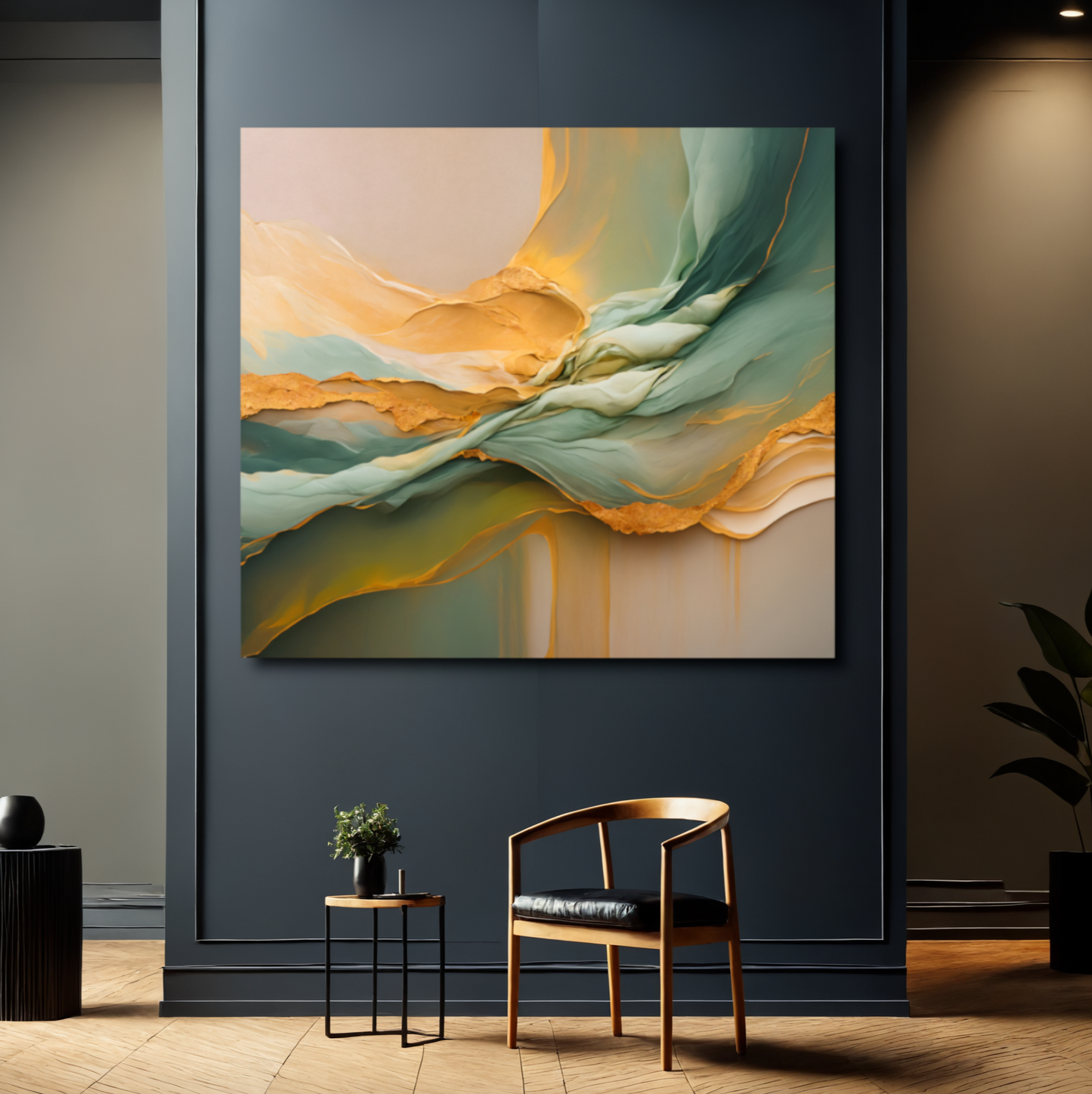 Golden Cascade – Flowing Abstract Canvas Art in Green and Gold