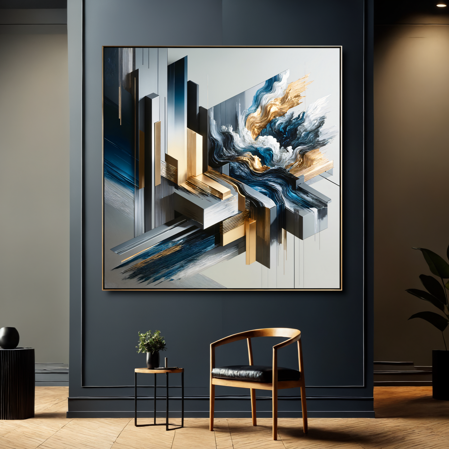 Golden Metropolis – Abstract 3D Cityscape Wall Art in Blue, Gold, and Silver for Modern Décor