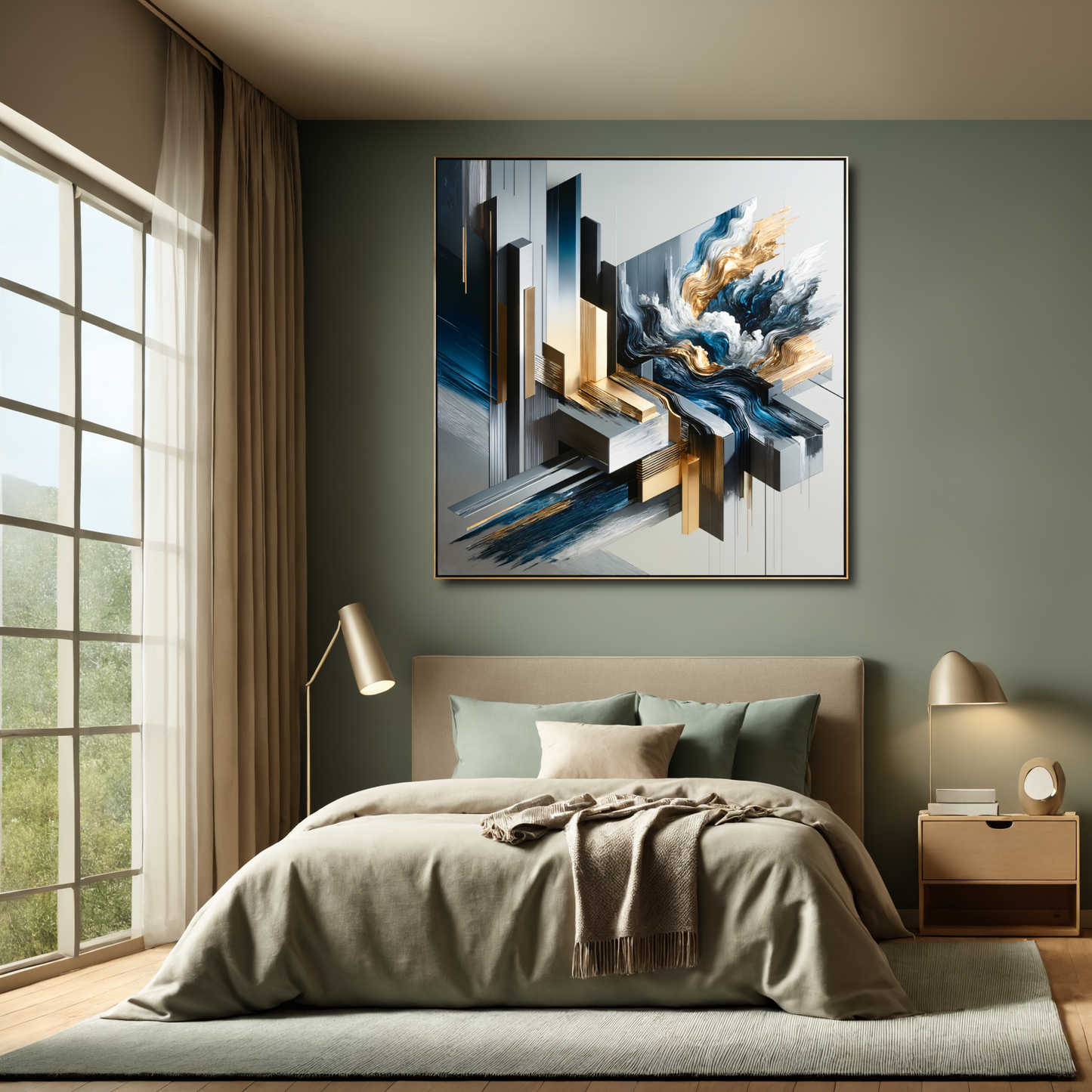 Golden Metropolis – Abstract 3D Cityscape Wall Art in Blue, Gold, and Silver for Modern Décor