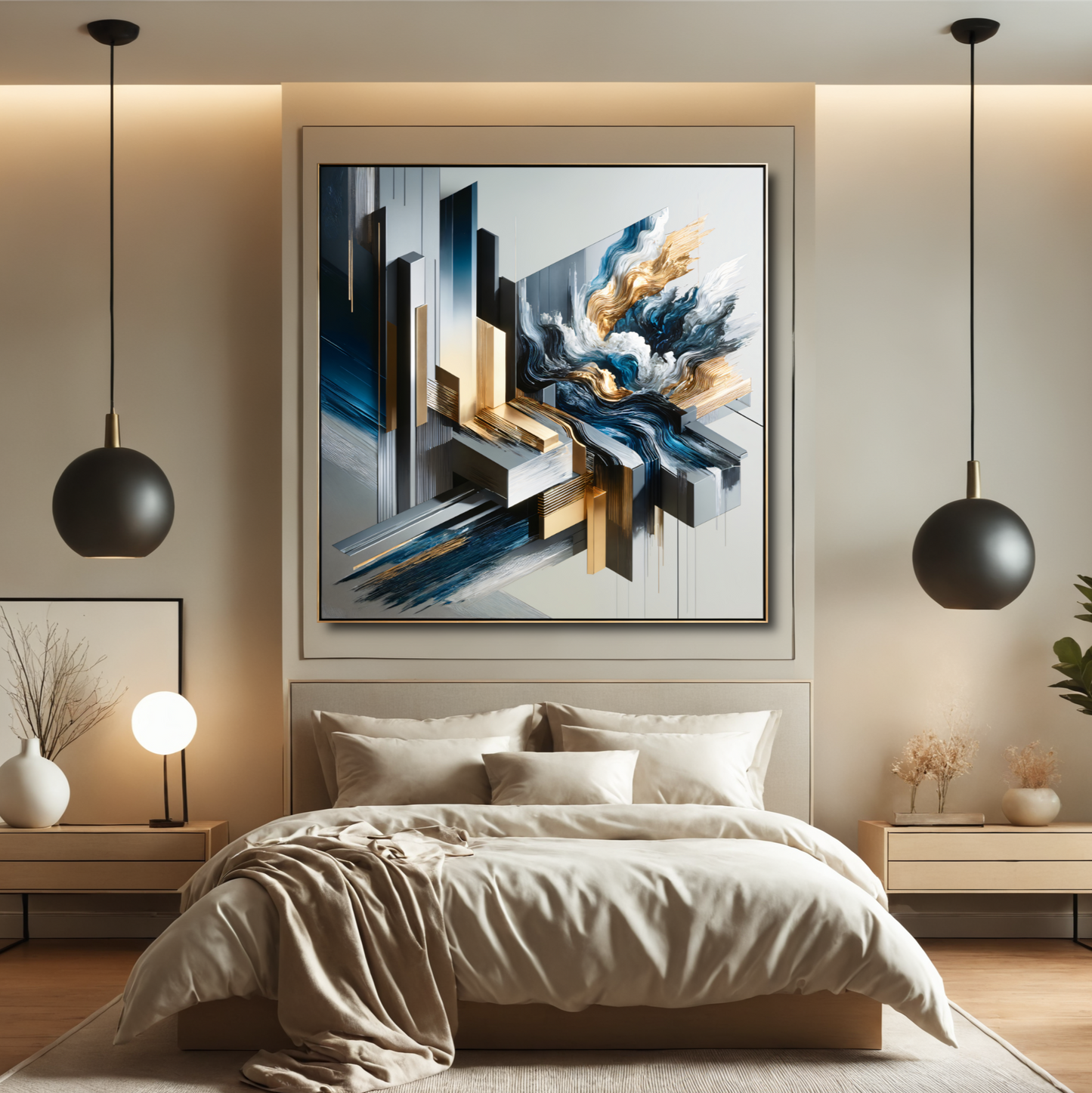 Golden Metropolis – Abstract 3D Cityscape Wall Art in Blue, Gold, and Silver for Modern Décor