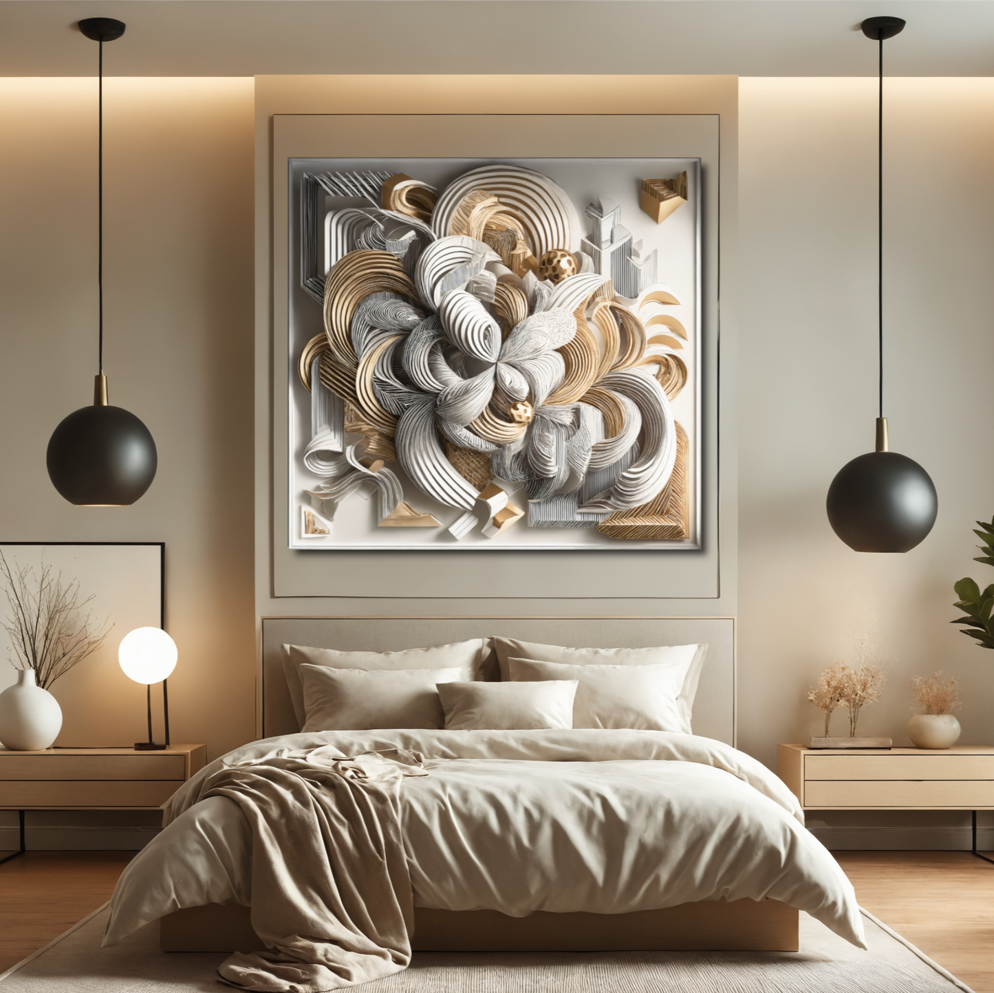 Golden Symmetry – Abstract 3D Wall Art in Gold and White, Modern Geometric Luxury Décor