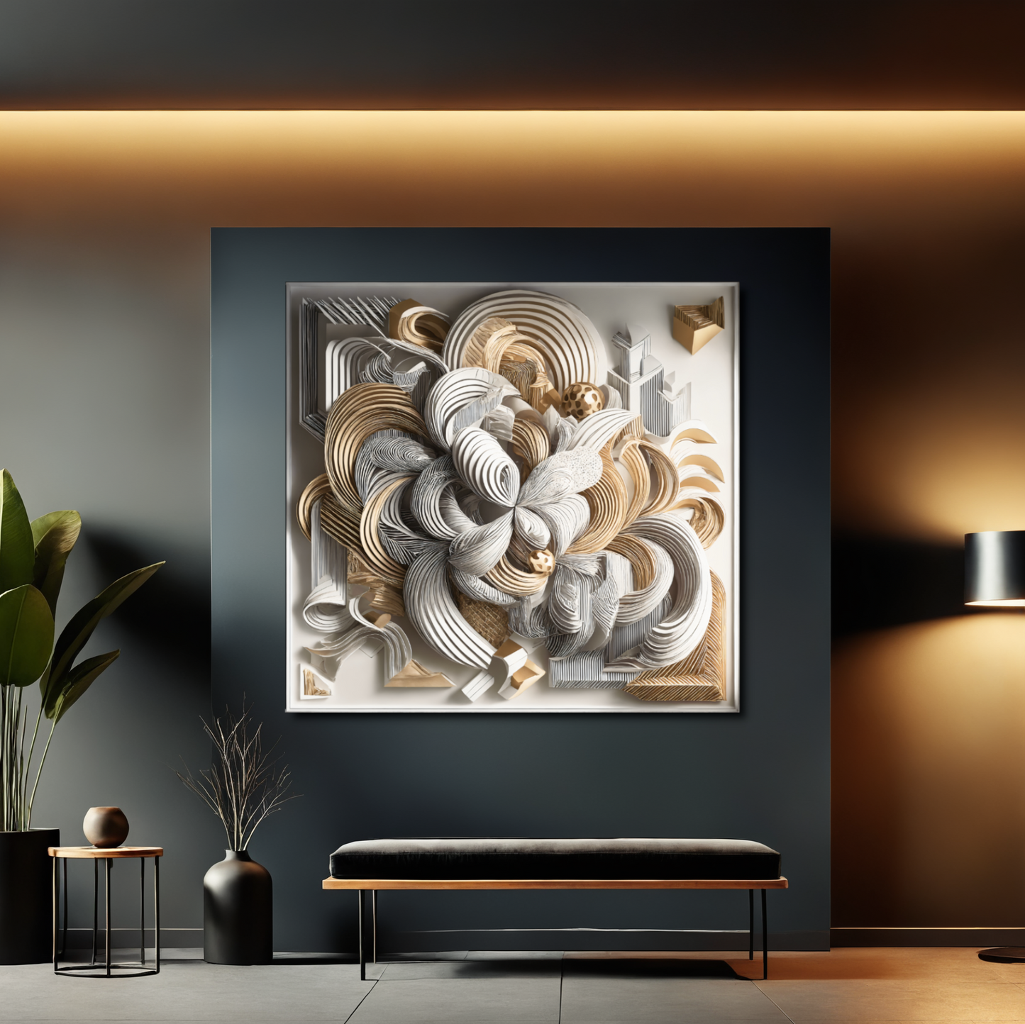 Golden Symmetry – Abstract 3D Wall Art in Gold and White, Modern Geometric Luxury Décor