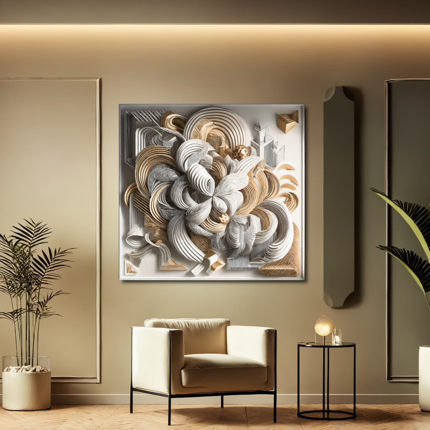 Golden Symmetry – Abstract 3D Wall Art in Gold and White, Modern Geometric Luxury Décor