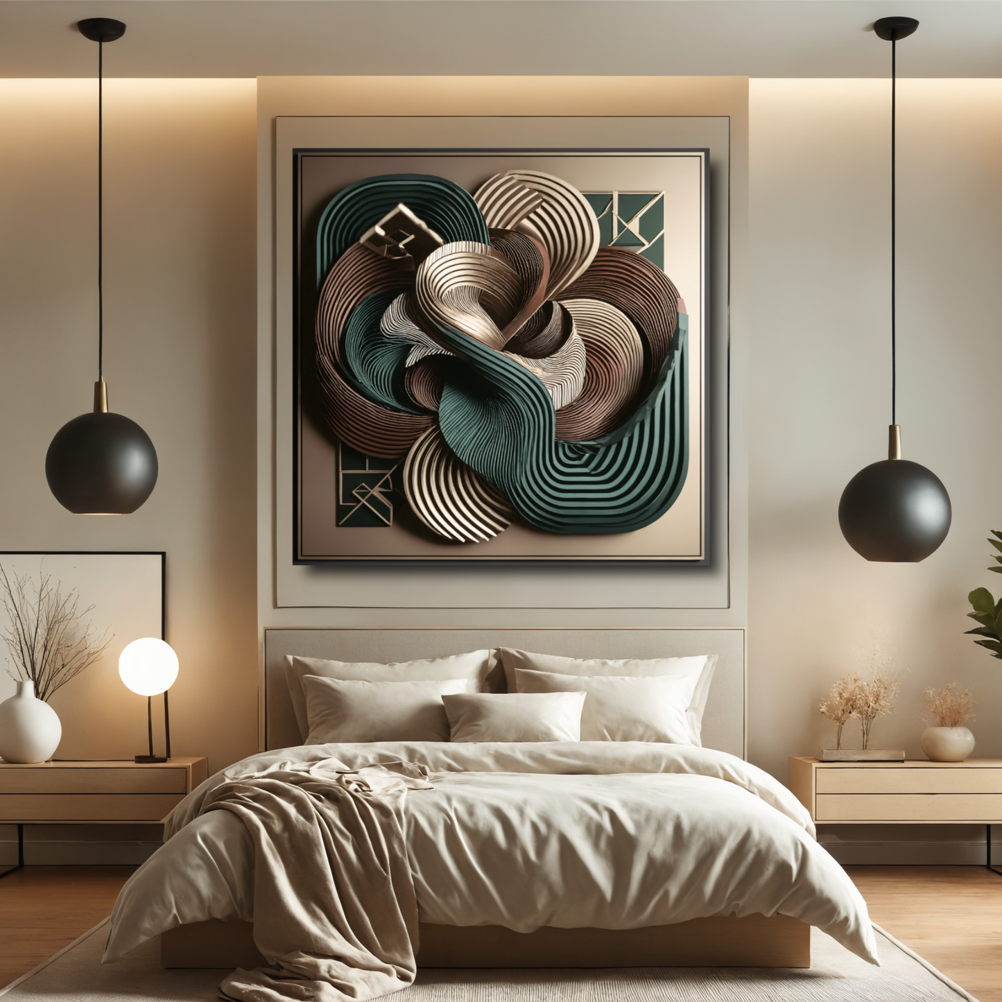 Harmonic Bloom – Abstract Wall Art in Teal, Burgundy, and Champagne for Sophisticated Spaces