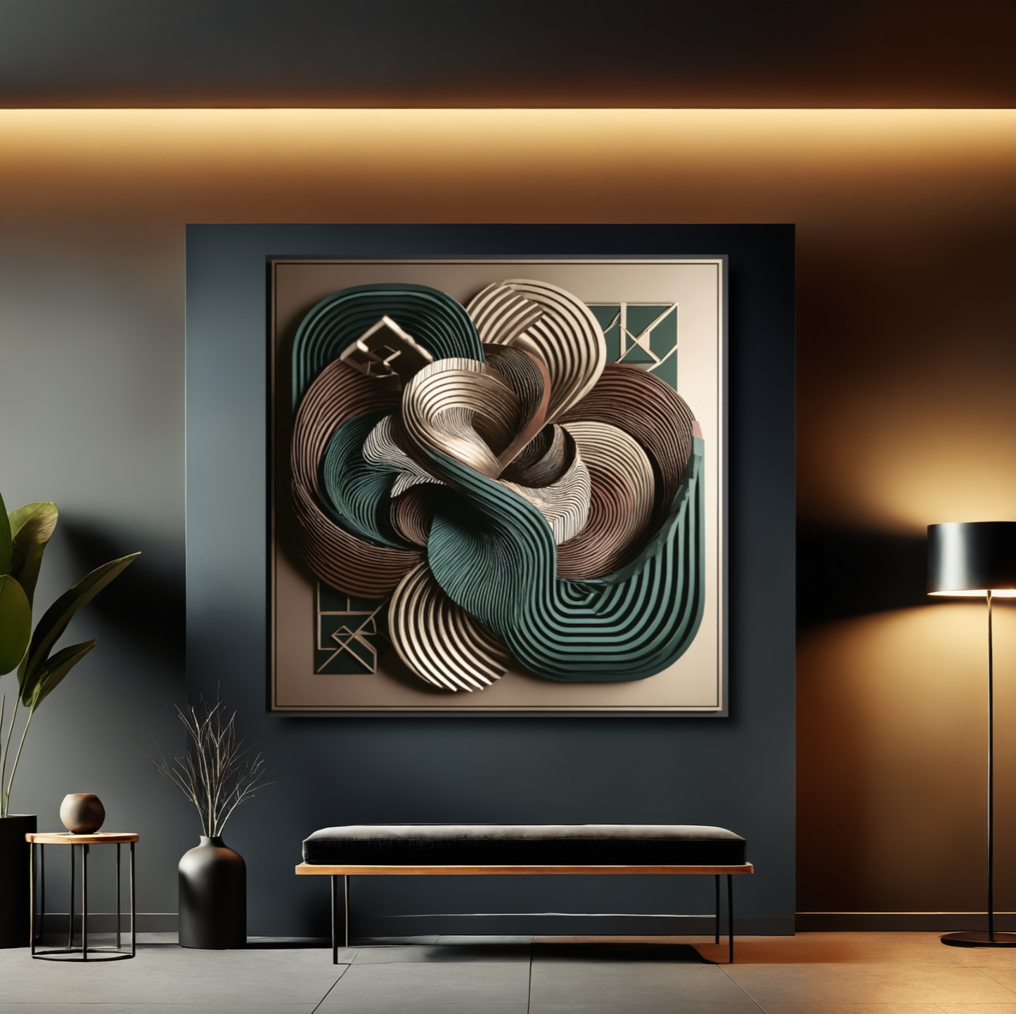 Harmonic Bloom – Abstract Wall Art in Teal, Burgundy, and Champagne for Sophisticated Spaces