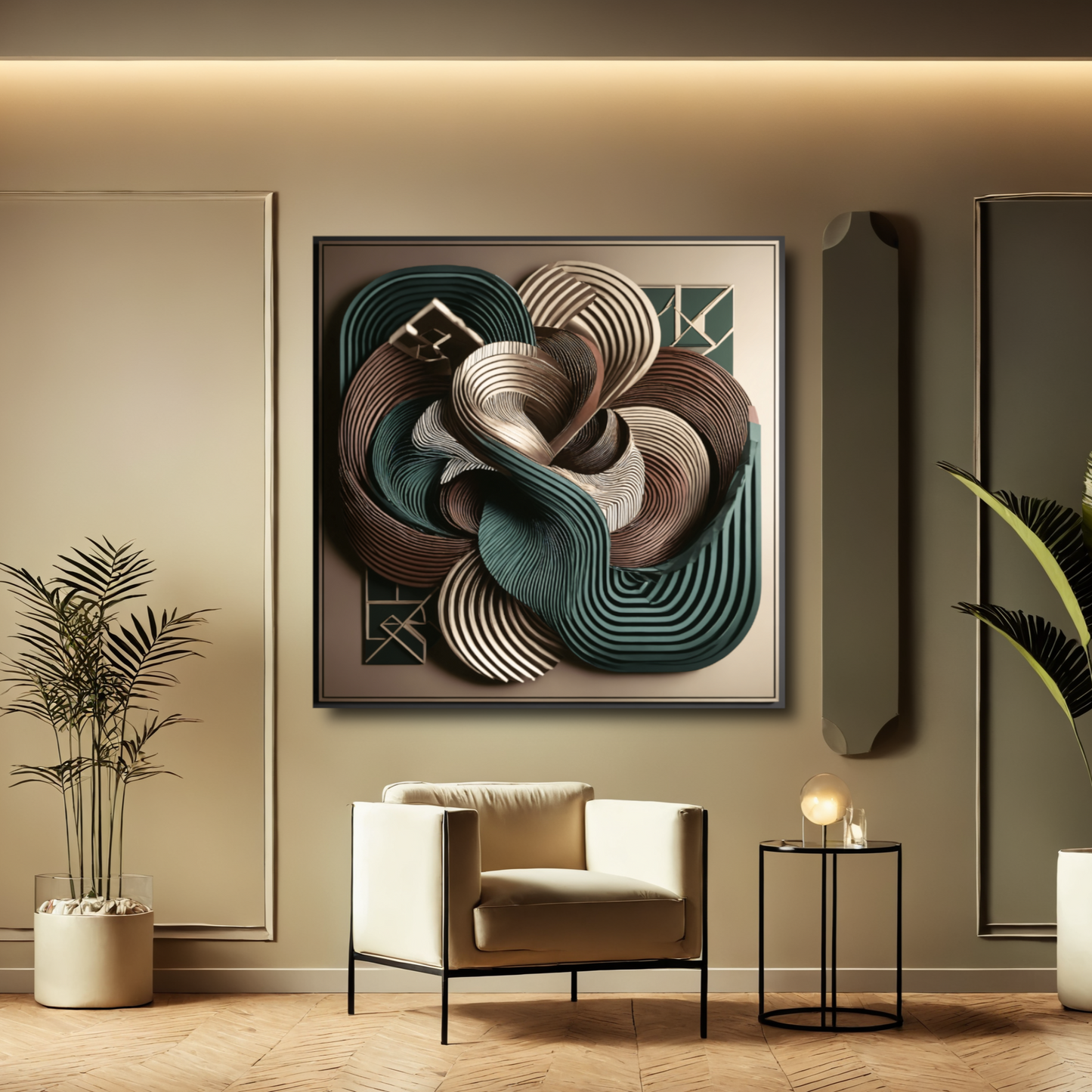 Harmonic Bloom – Abstract Wall Art in Teal, Burgundy, and Champagne for Sophisticated Spaces