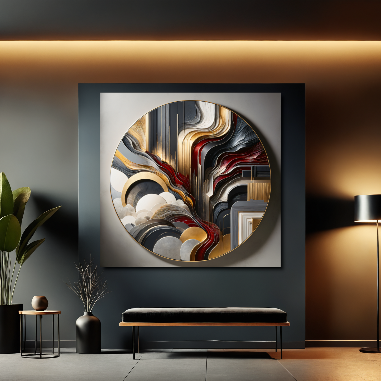 Radiant Flow – Circular Abstract Wall Art in Red, Gold, and Gray for Modern Interiors