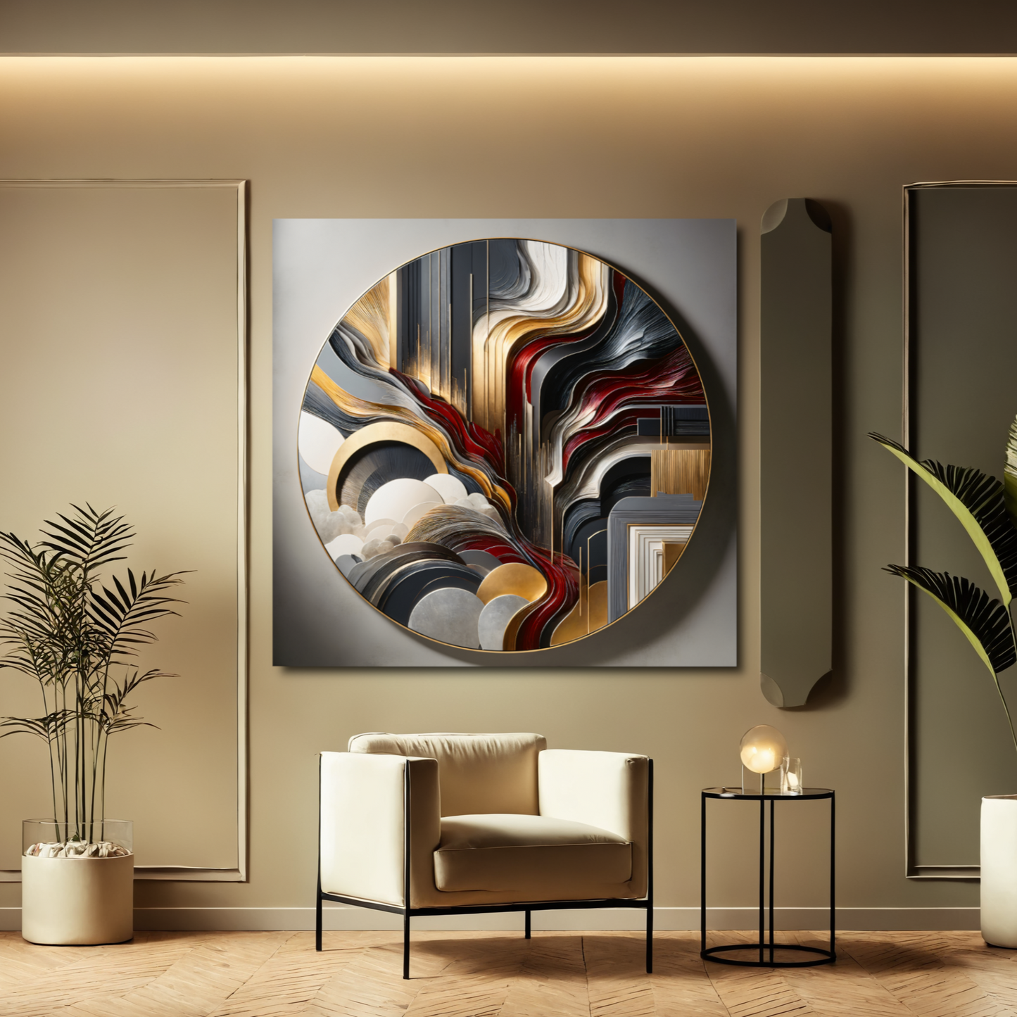 Radiant Flow – Circular Abstract Wall Art in Red, Gold, and Gray for Modern Interiors