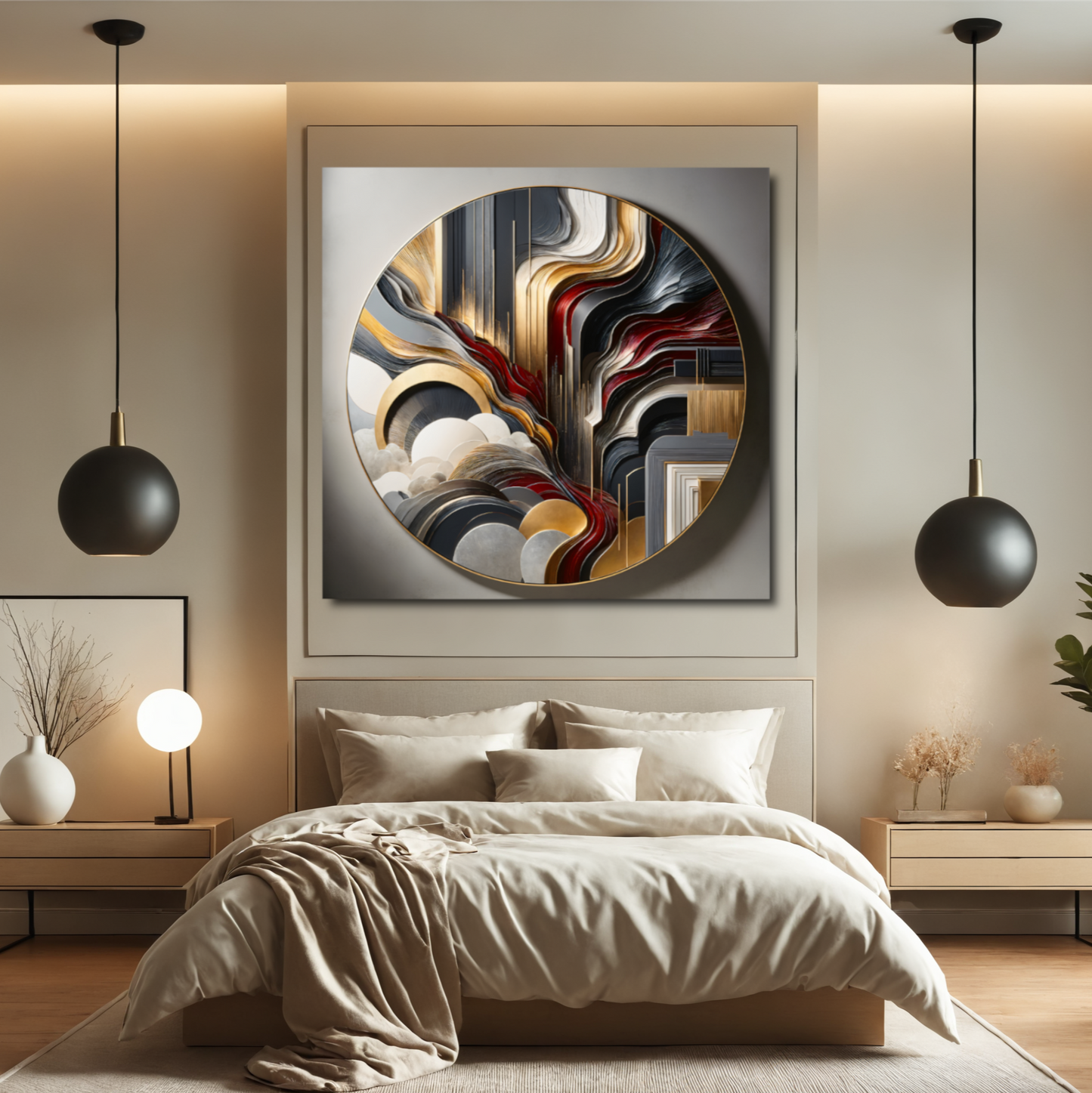 Radiant Flow – Circular Abstract Wall Art in Red, Gold, and Gray for Modern Interiors