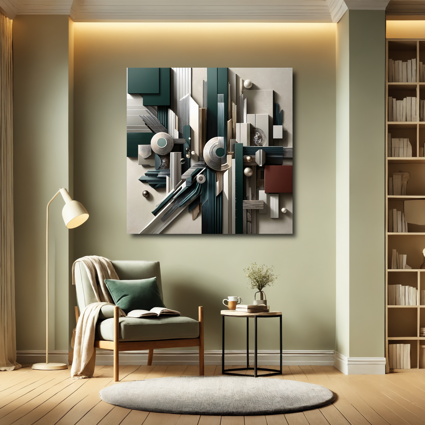 Structural Elegance – Geometric Abstract Wall Art in Teal, White, and Gold for Modern Décor