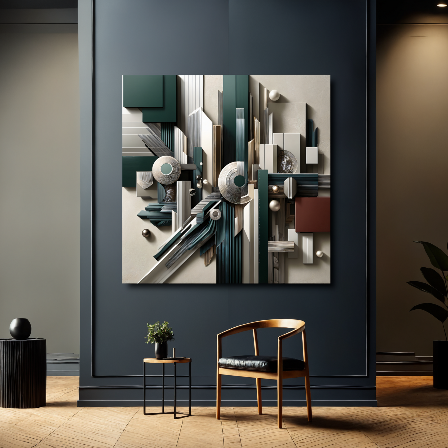 Structural Elegance – Geometric Abstract Wall Art in Teal, White, and Gold for Modern Décor