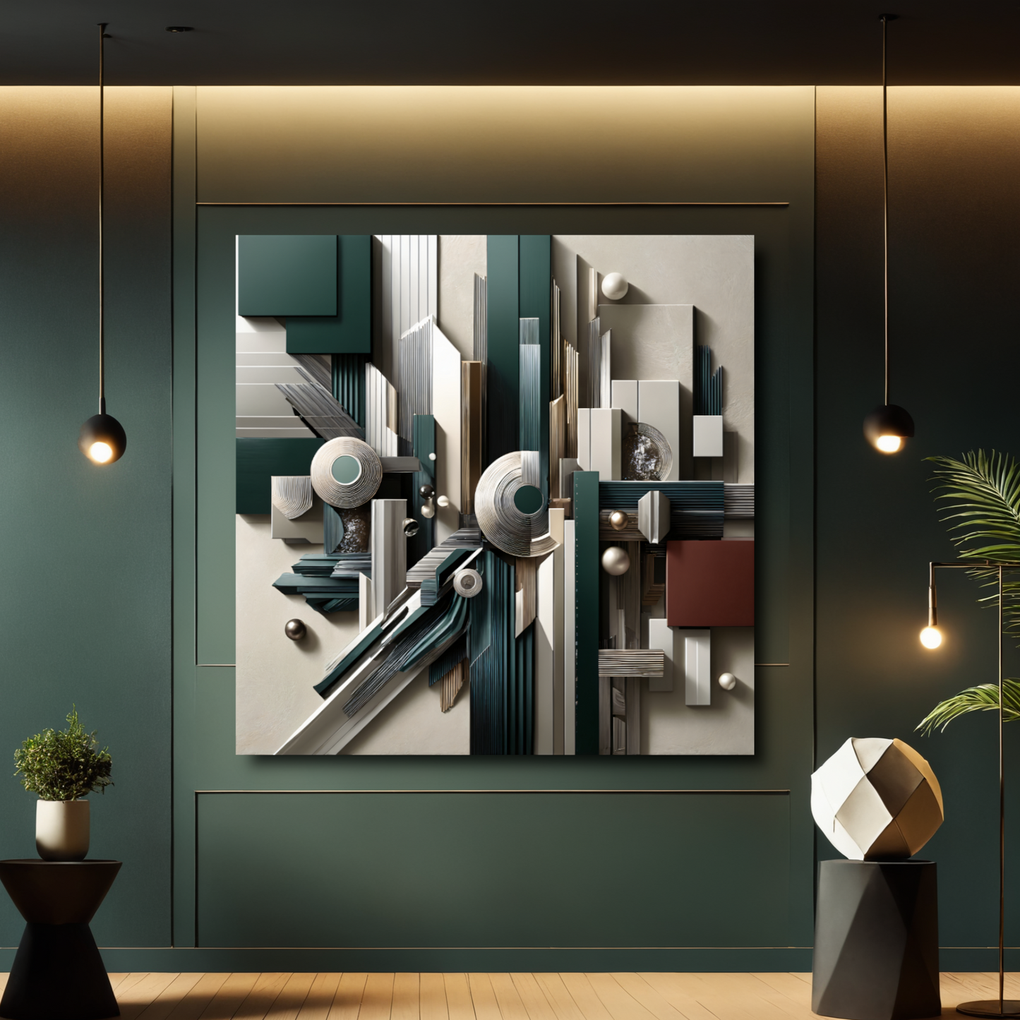 Structural Elegance – Geometric Abstract Wall Art in Teal, White, and Gold for Modern Décor