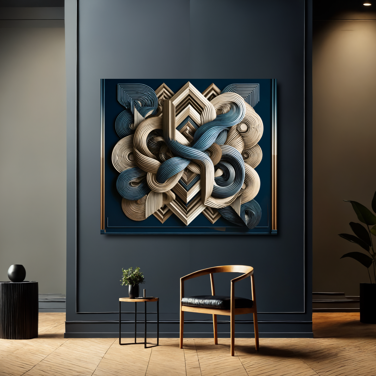 Twisted Geometry – Abstract Wall Art in Navy, Beige, and Gold for Modern Interiors