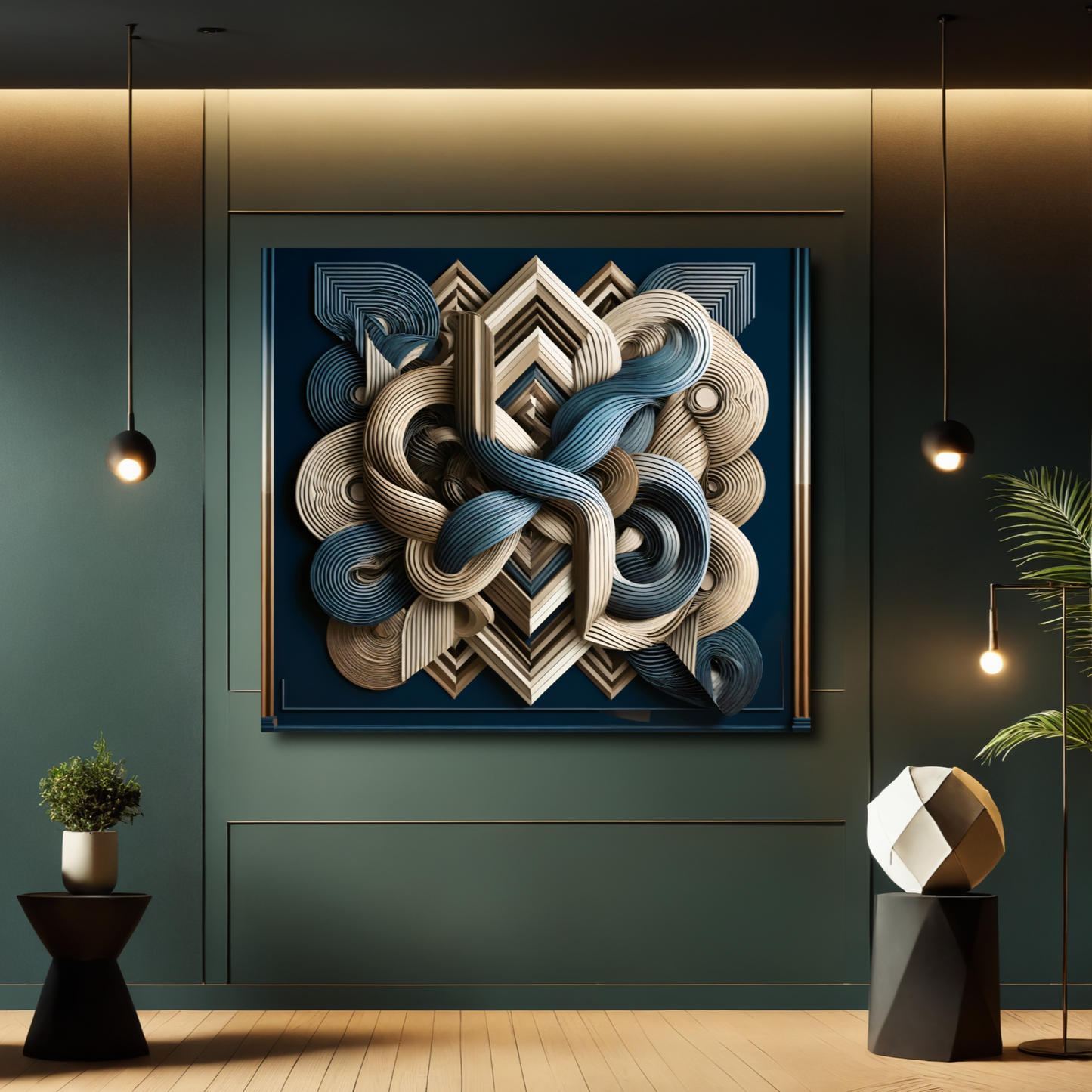 Twisted Geometry – Abstract Wall Art in Navy, Beige, and Gold for Modern Interiors