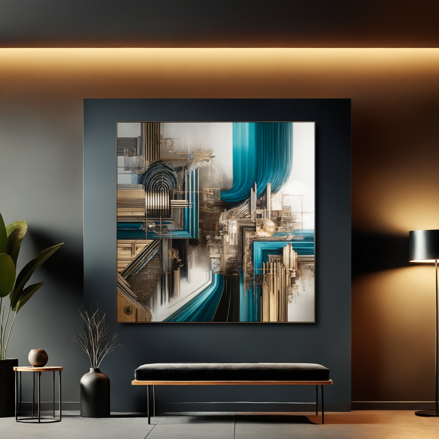 Urban Flow – Abstract Wall Art in Teal, Gold, and Bronze for Contemporary Interiors