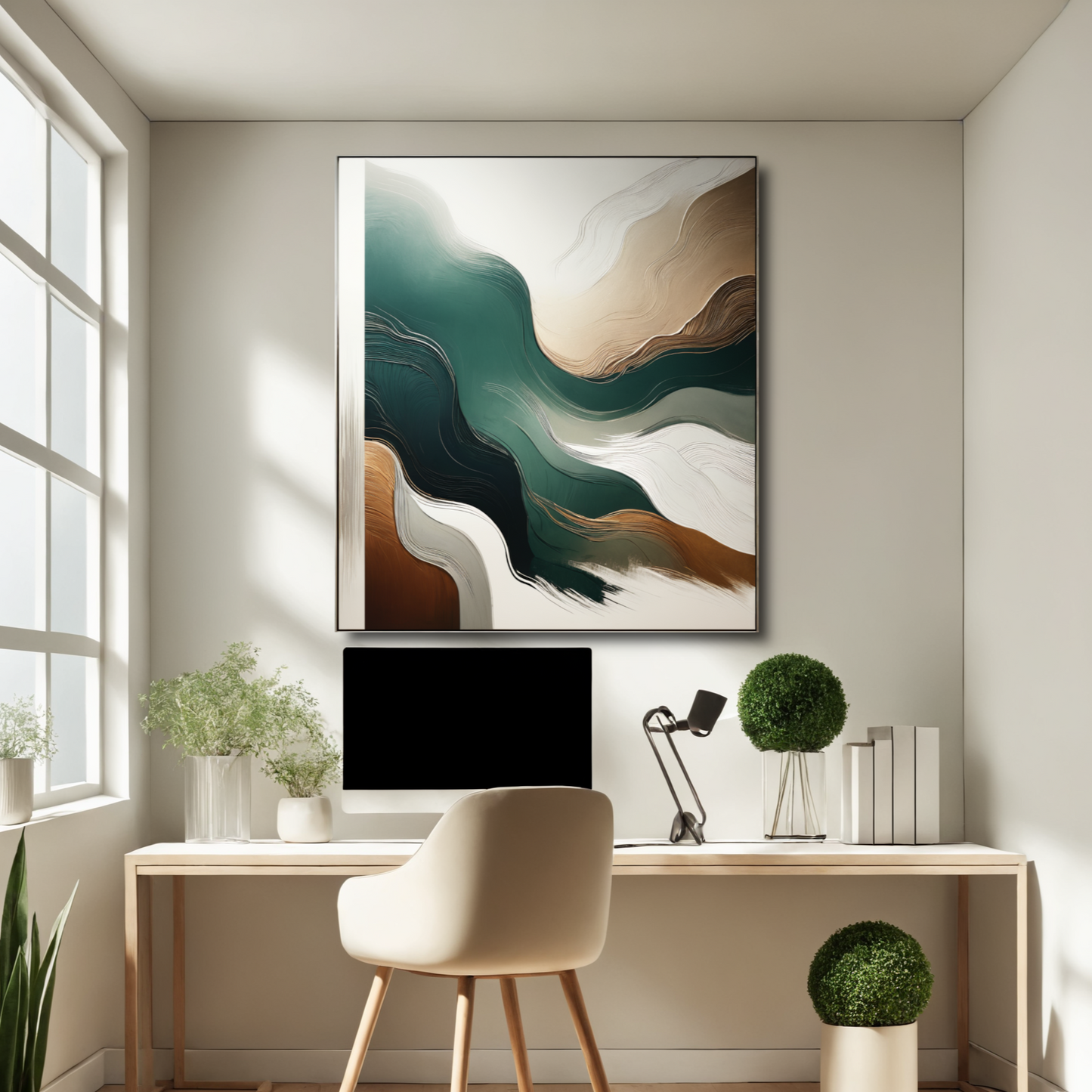 Flowing Essence – Minimalist Abstract Art in Green, White, and Earth Tones