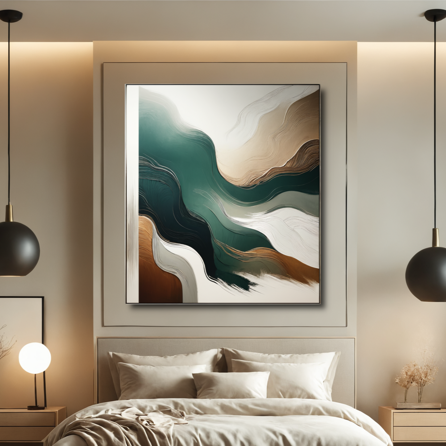 Flowing Essence – Minimalist Abstract Art in Green, White, and Earth Tones