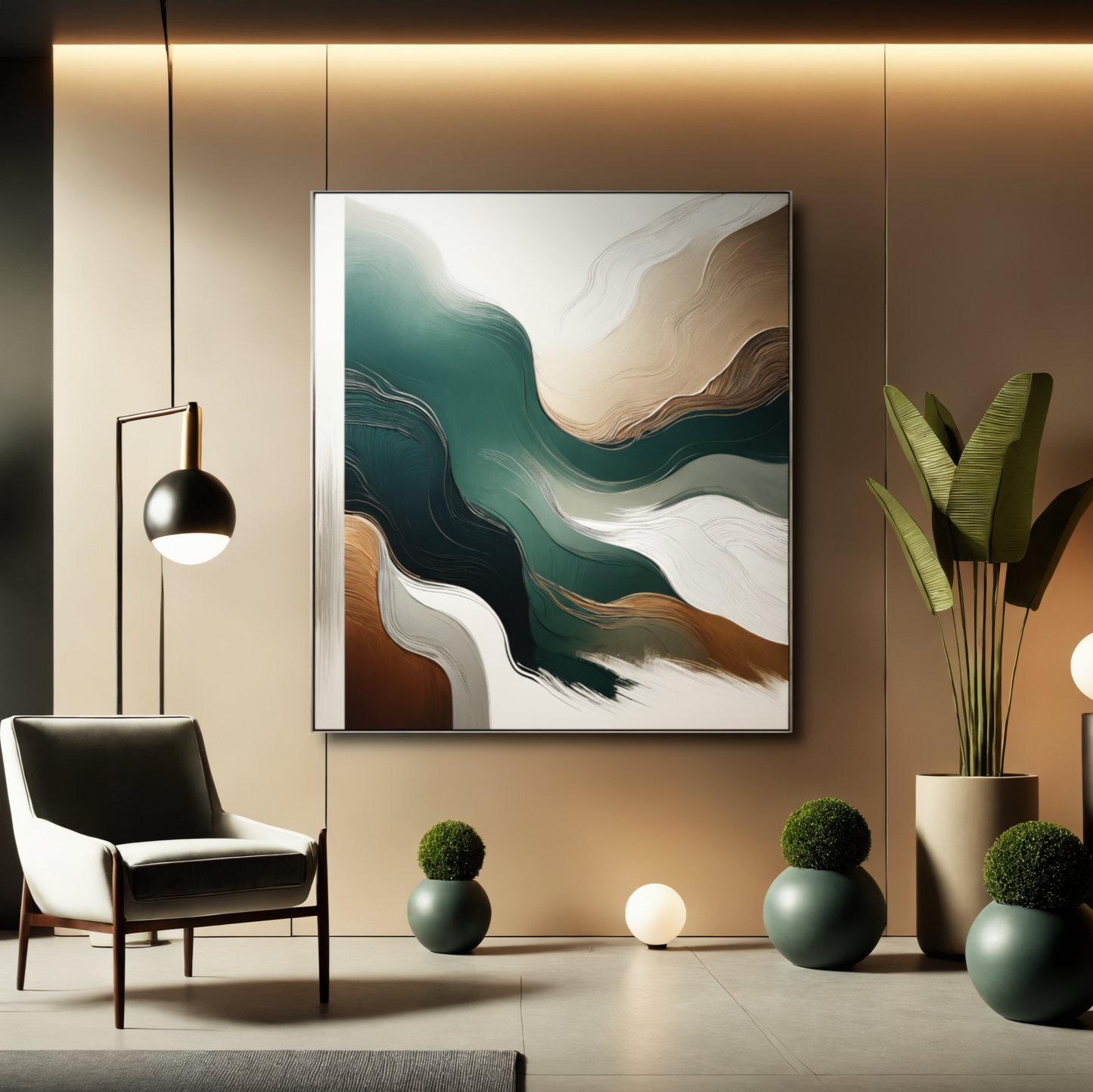 Flowing Essence – Minimalist Abstract Art in Green, White, and Earth Tones