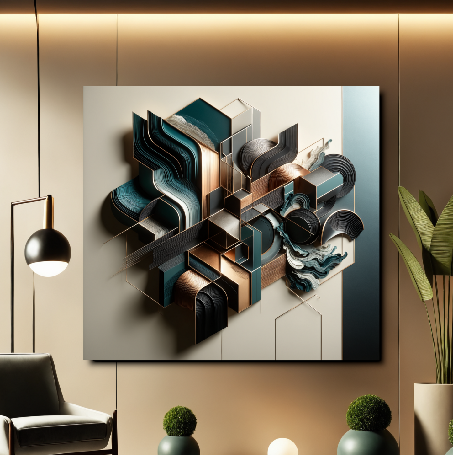 Architectural Harmony – 3D Abstract Wall Art in Teal, Bronze, and Gold for Modern Décor