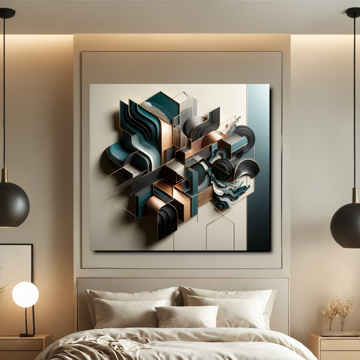 Architectural Harmony – 3D Abstract Wall Art in Teal, Bronze, and Gold for Modern Décor