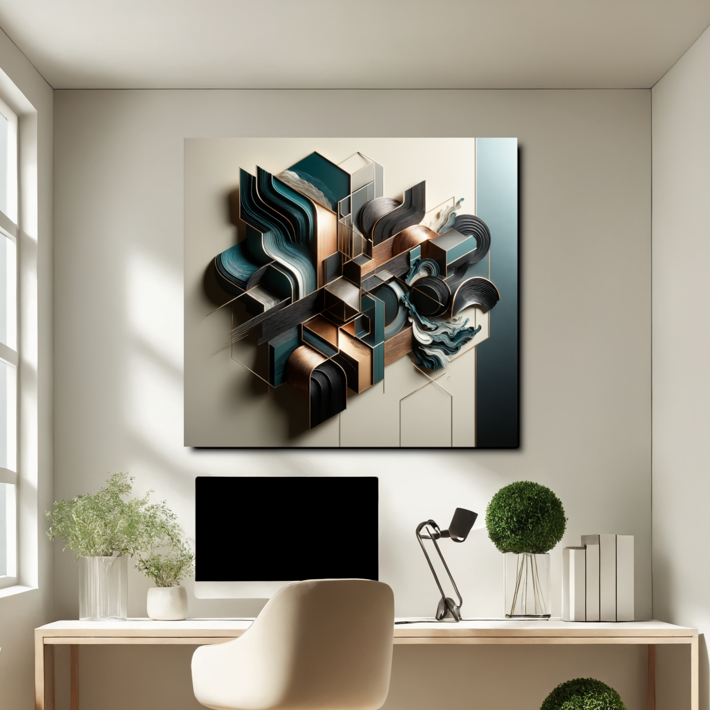 Architectural Harmony – 3D Abstract Wall Art in Teal, Bronze, and Gold for Modern Décor