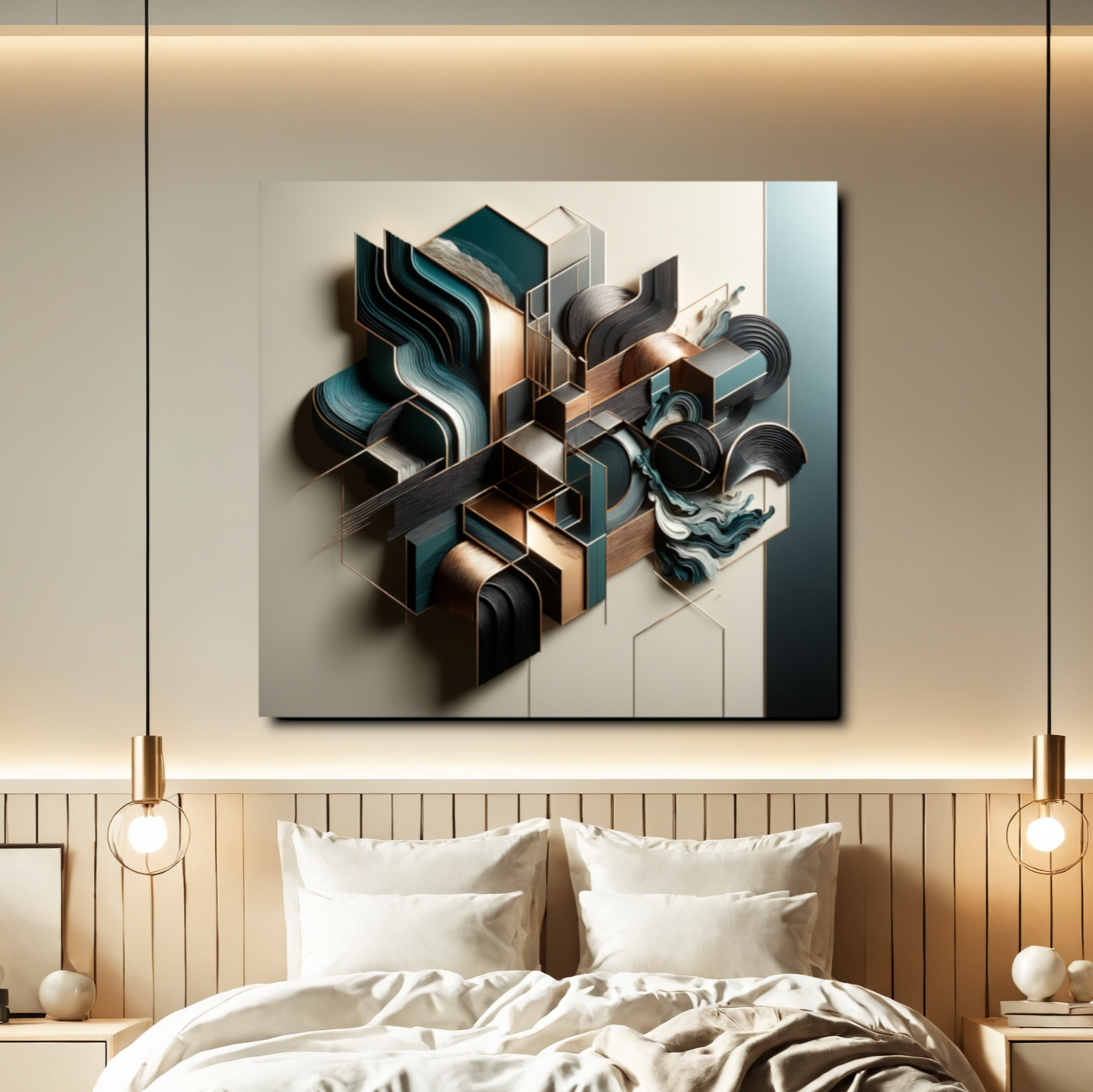 Architectural Harmony – 3D Abstract Wall Art in Teal, Bronze, and Gold for Modern Décor