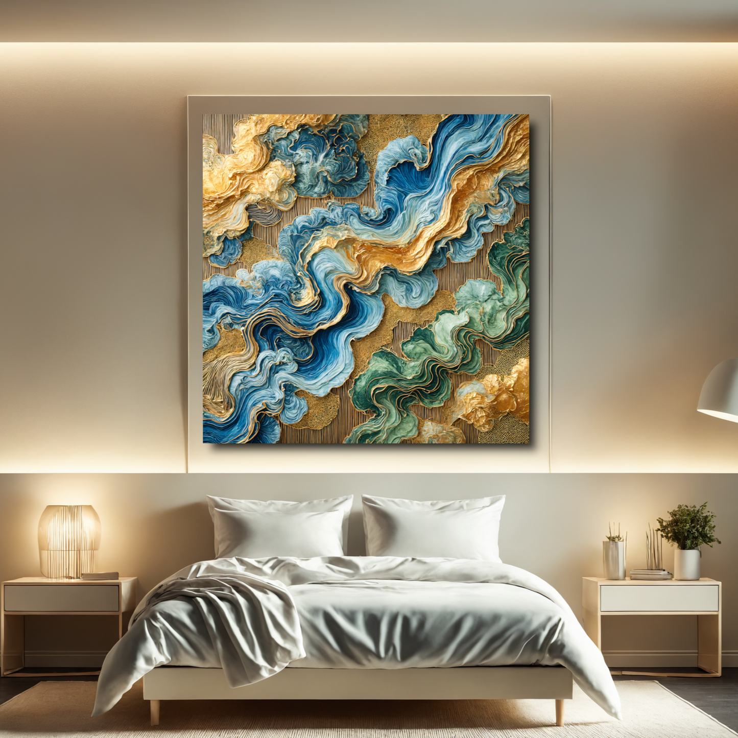 Verdant Flow – Abstract Wall Art in Blue, Green, and Gold for Contemporary Spaces