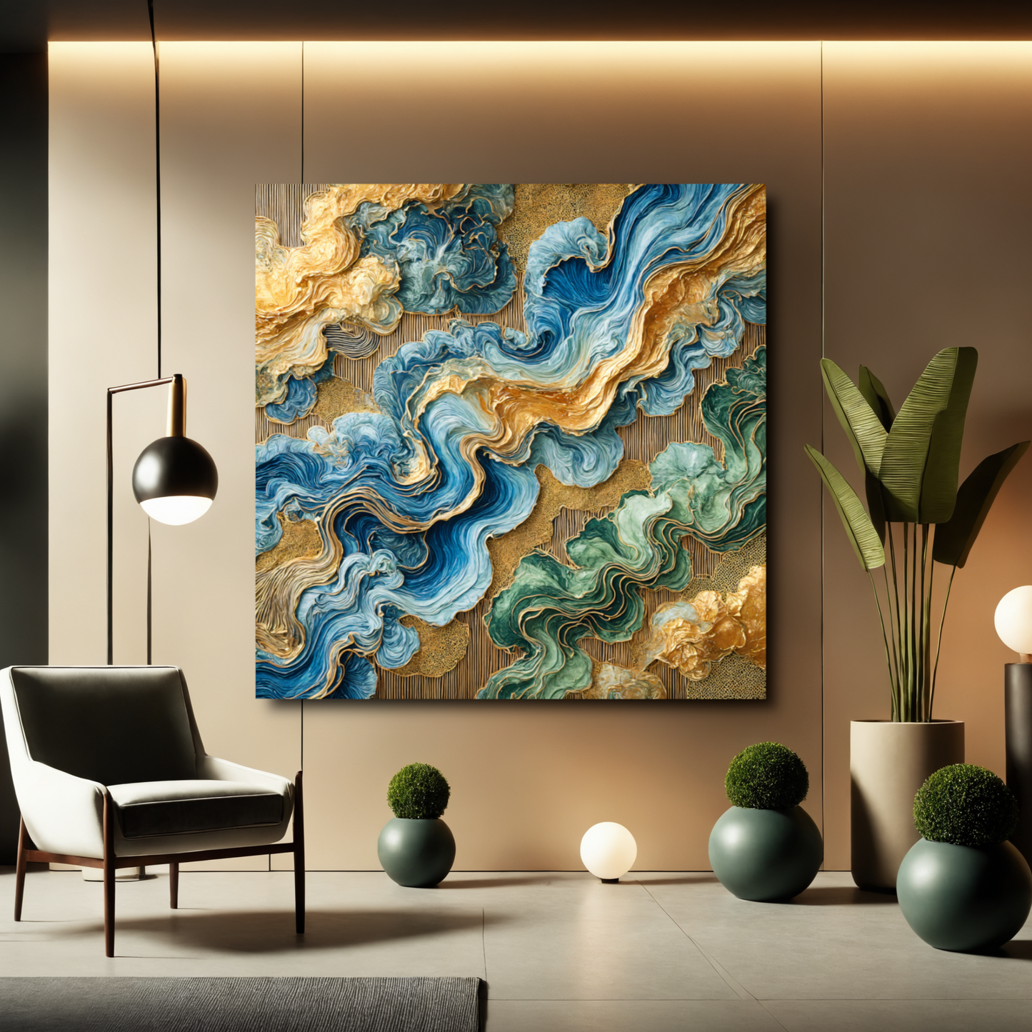 Verdant Flow – Abstract Wall Art in Blue, Green, and Gold for Contemporary Spaces