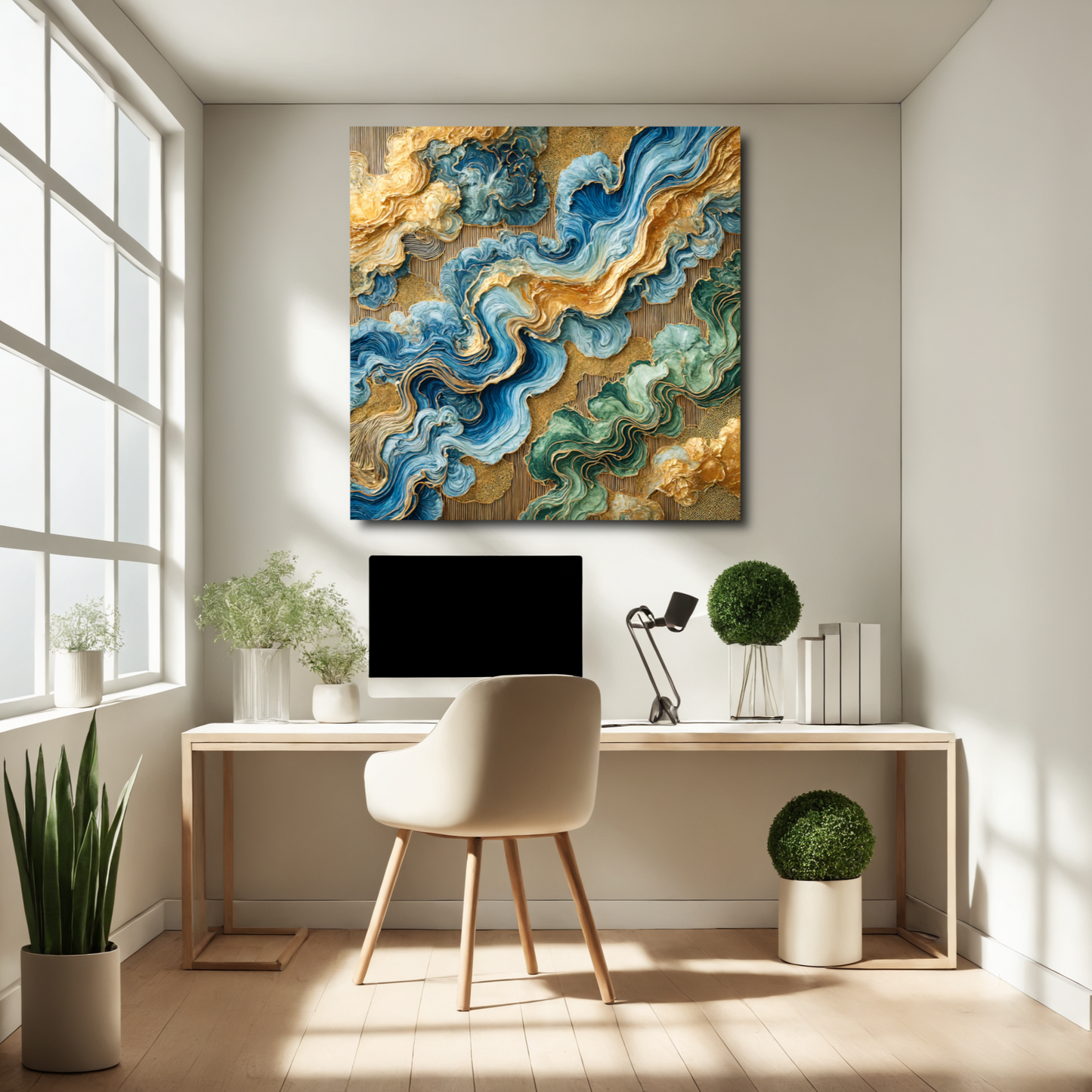 Verdant Flow – Abstract Wall Art in Blue, Green, and Gold for Contemporary Spaces