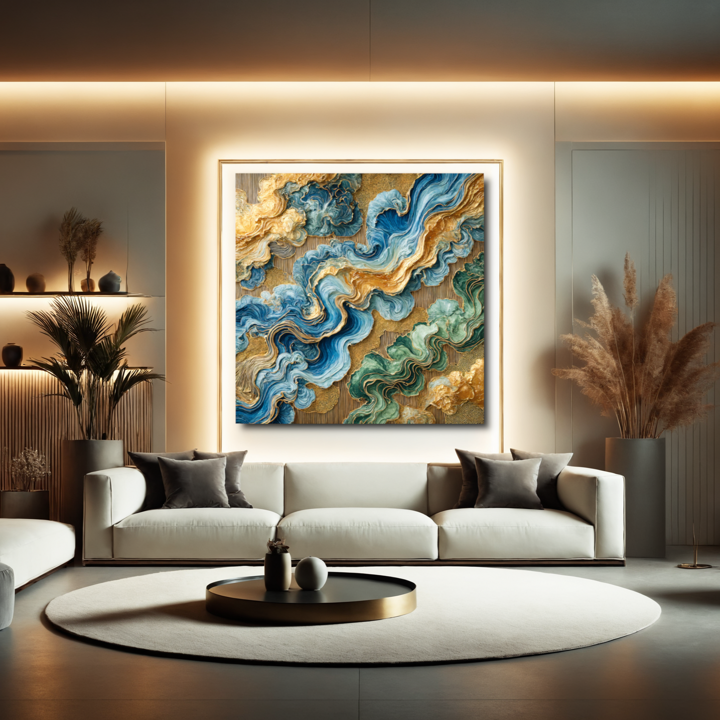 Verdant Flow – Abstract Wall Art in Blue, Green, and Gold for Contemporary Spaces