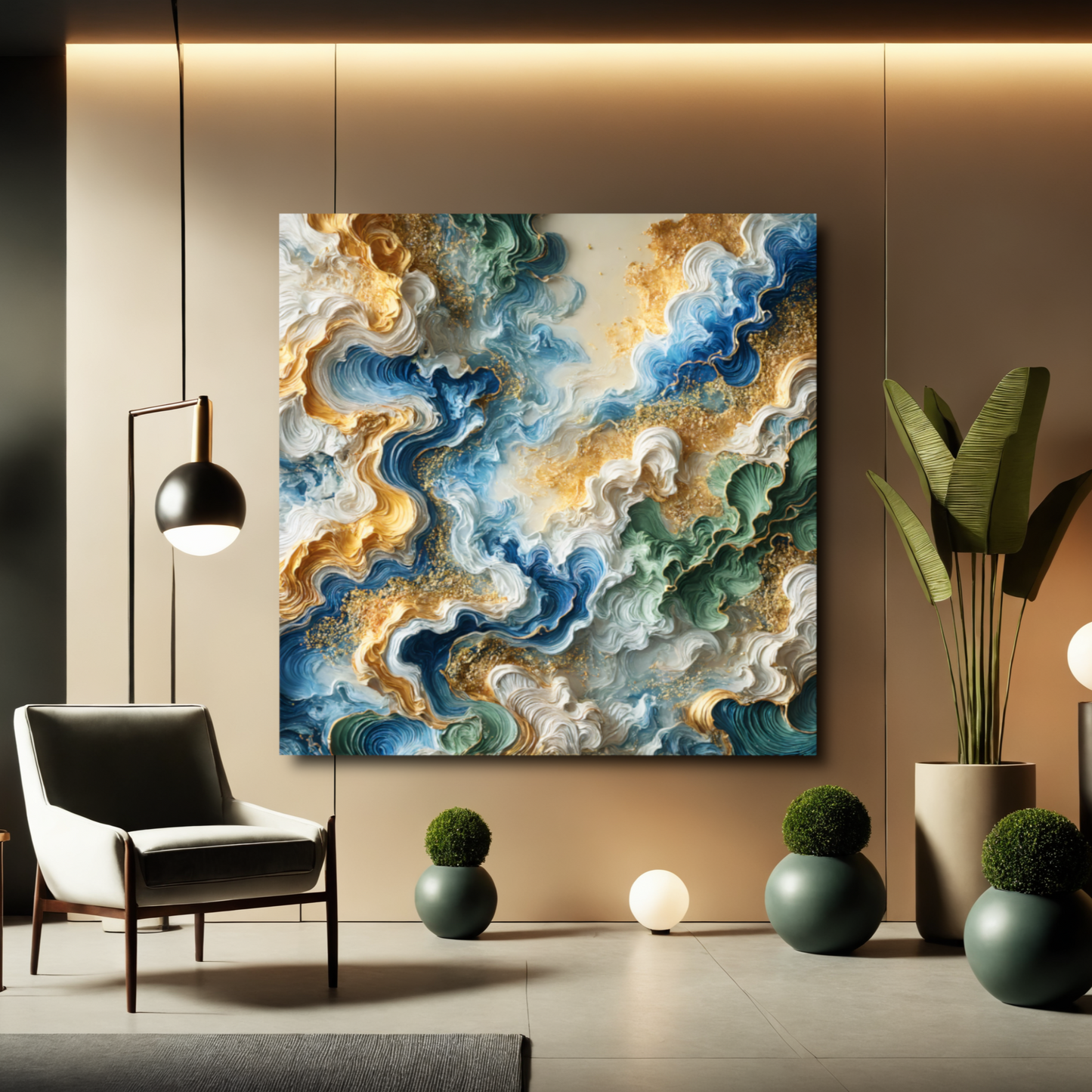 Marine Melody – Abstract Wall Art in Blue, Gold, and Green for Inspired Interiors