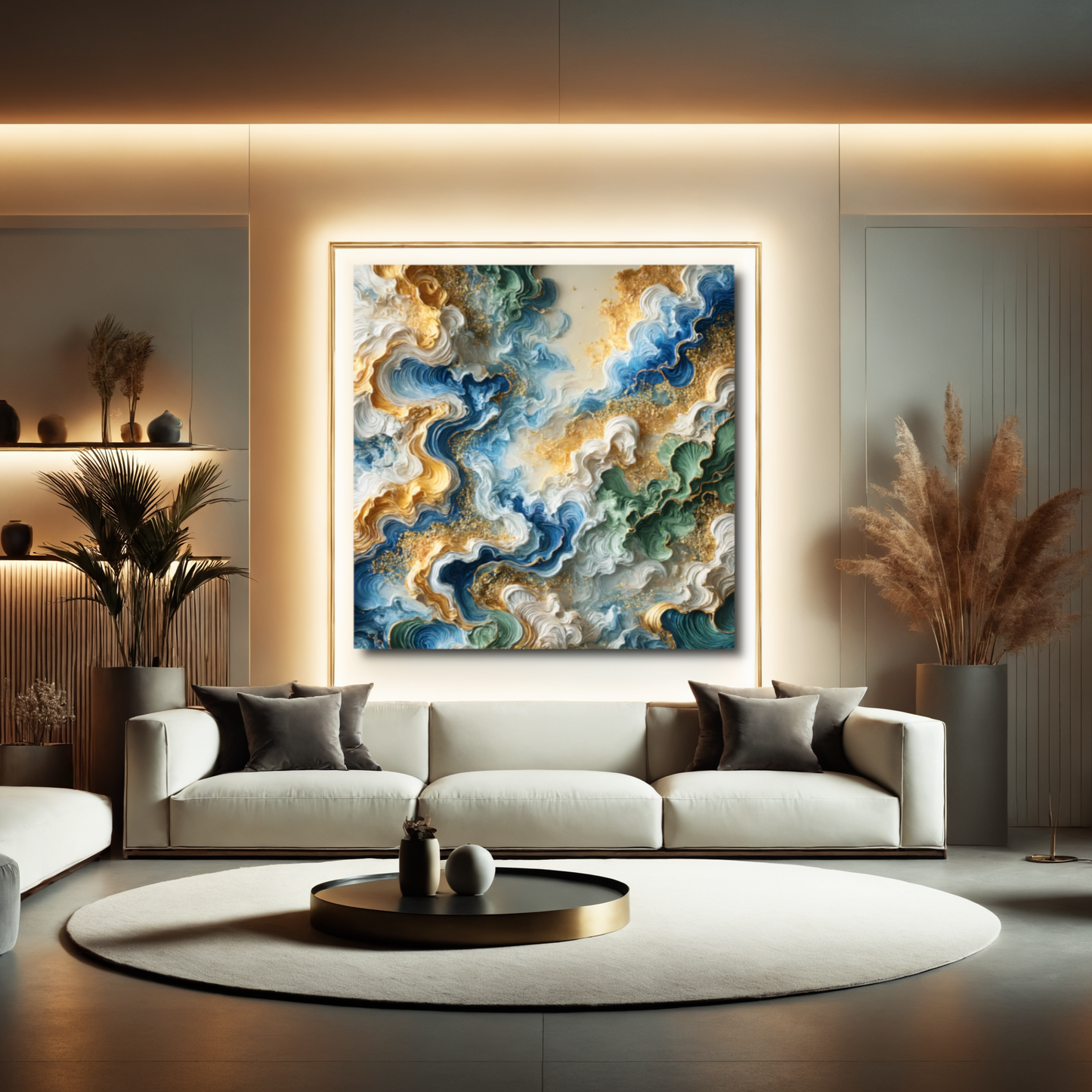 Marine Melody – Abstract Wall Art in Blue, Gold, and Green for Inspired Interiors