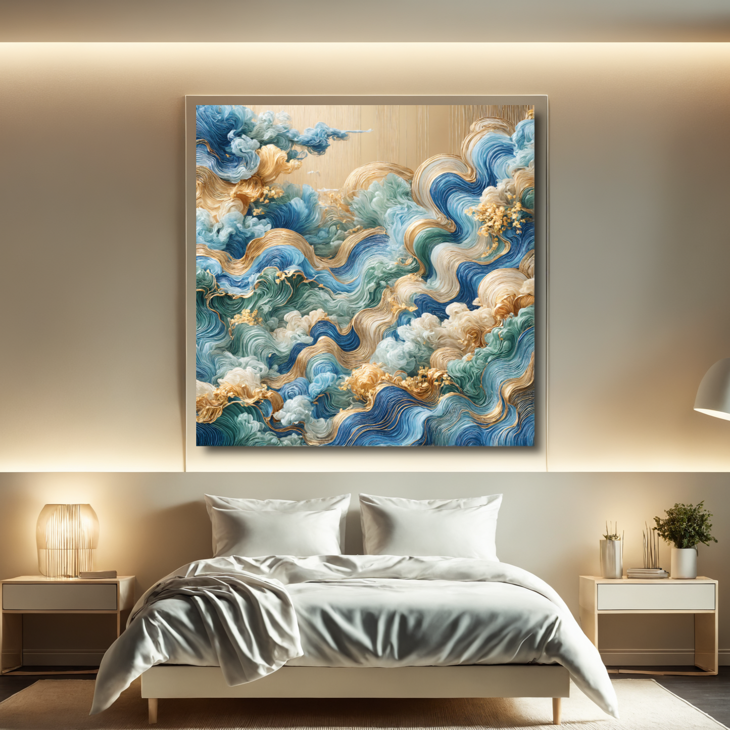 Waves of Serenity – Abstract Ocean Wall Art in Blue, Gold, and Green for Luxurious Spaces