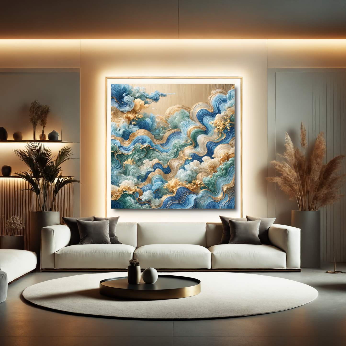 Waves of Serenity – Abstract Ocean Wall Art in Blue, Gold, and Green for Luxurious Spaces