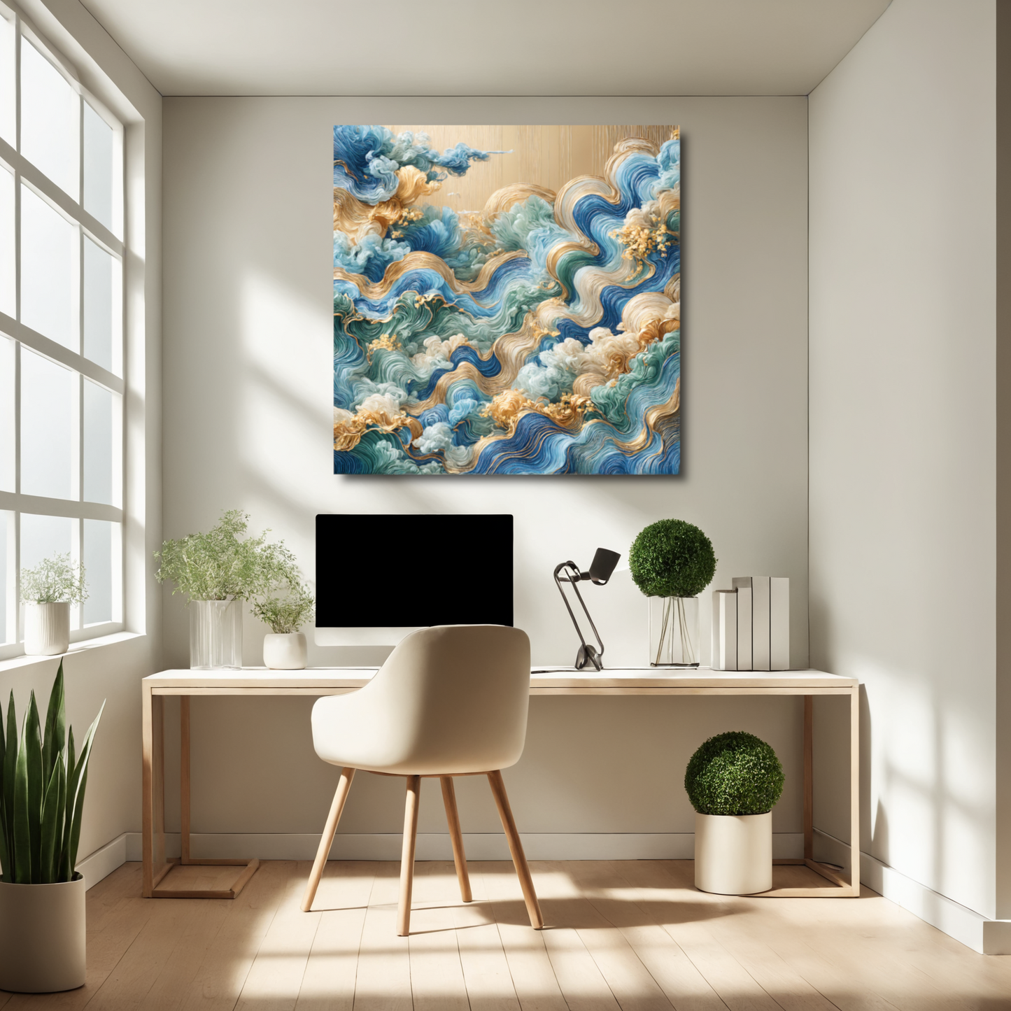 Waves of Serenity – Abstract Ocean Wall Art in Blue, Gold, and Green for Luxurious Spaces