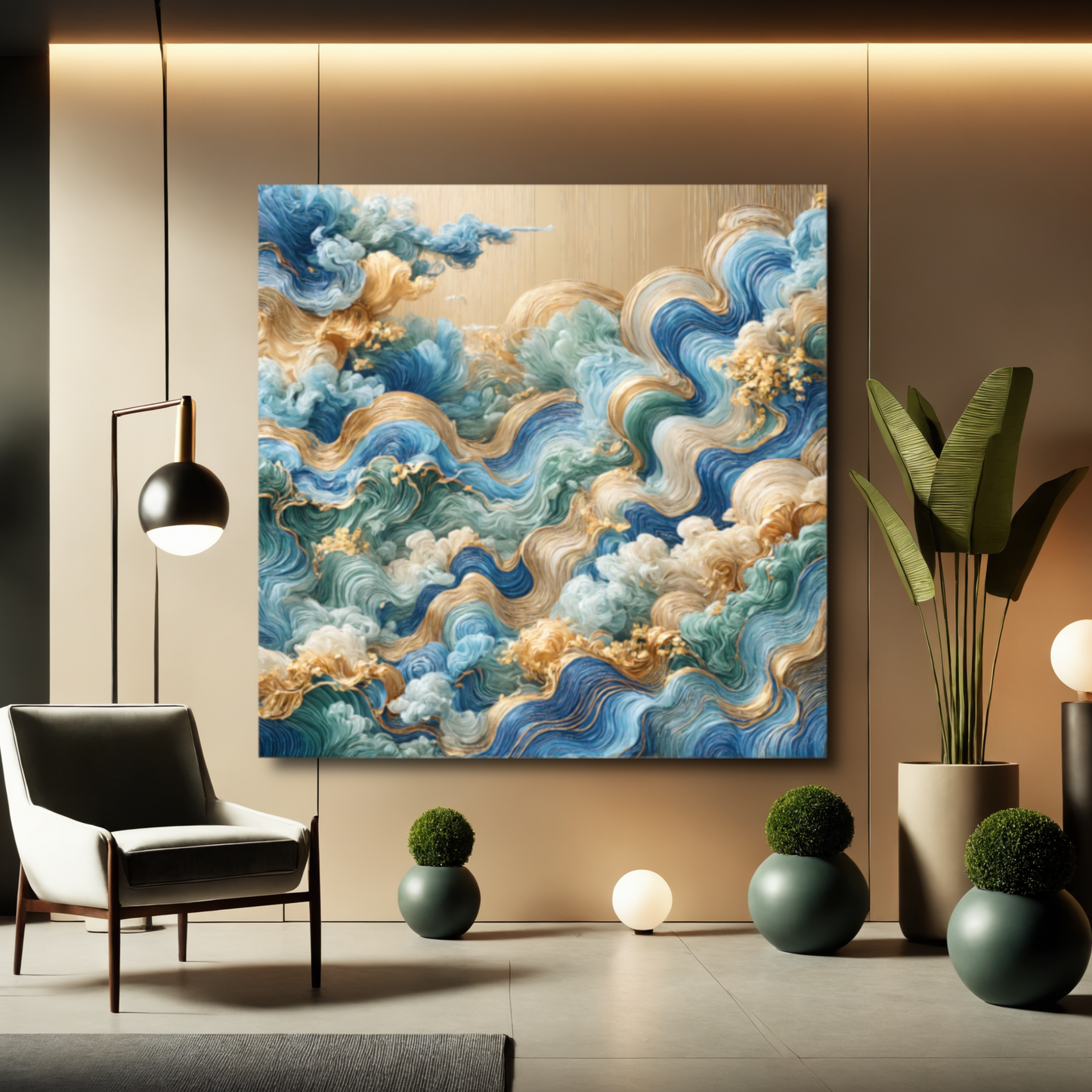 Waves of Serenity – Abstract Ocean Wall Art in Blue, Gold, and Green for Luxurious Spaces