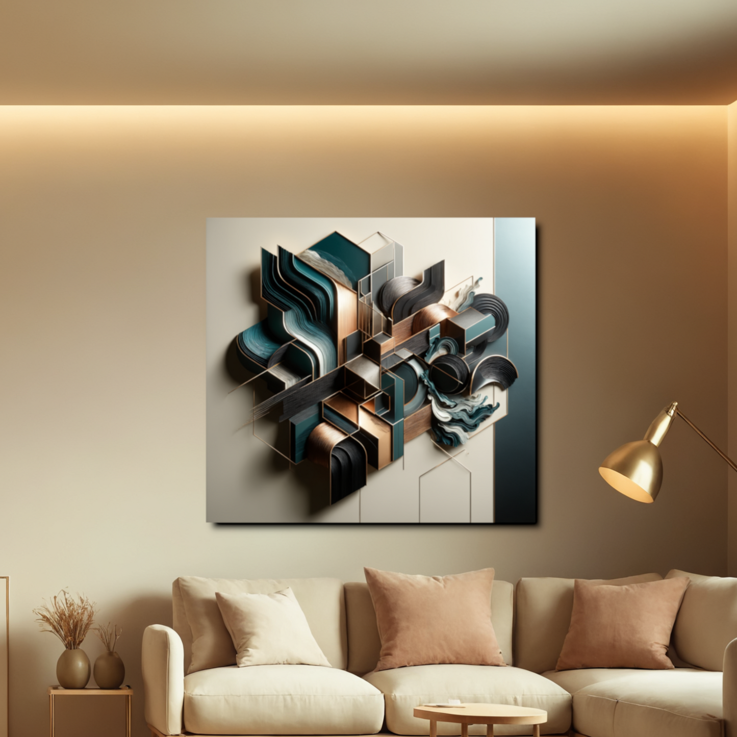 Architectural Harmony – 3D Abstract Wall Art in Teal, Bronze, and Gold for Modern Décor